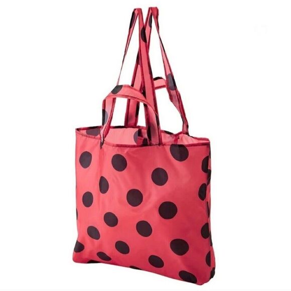 IKEA Skynke Polka Dot Nylon Reusable Shopping Bag Tote Red Black Set of 5 - Picture 1 of 7